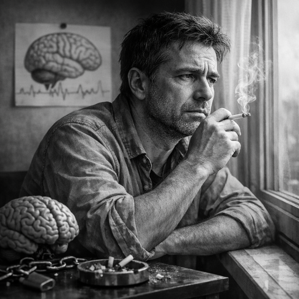 Adulte de 30 à 50 ans regardant par la fenêtre, tenant une cigarette, expression de réflexion et de lutte intérieure contre la dépendance à la nicotine, ambiance réaliste en noir et blanc.